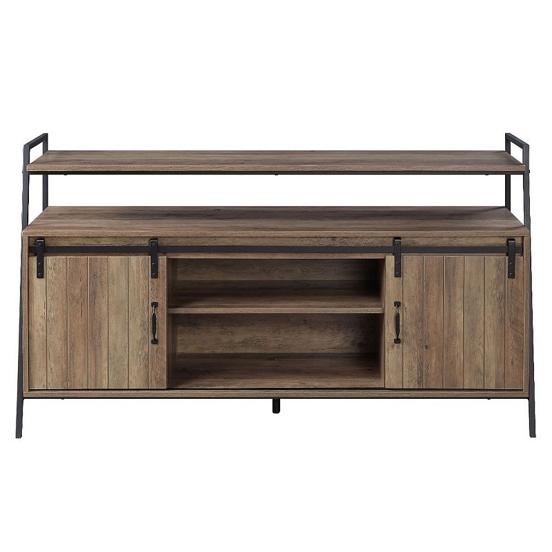 TV Stand with 2 Sliding Barn Doors and Tubular Frame， Oak Brown