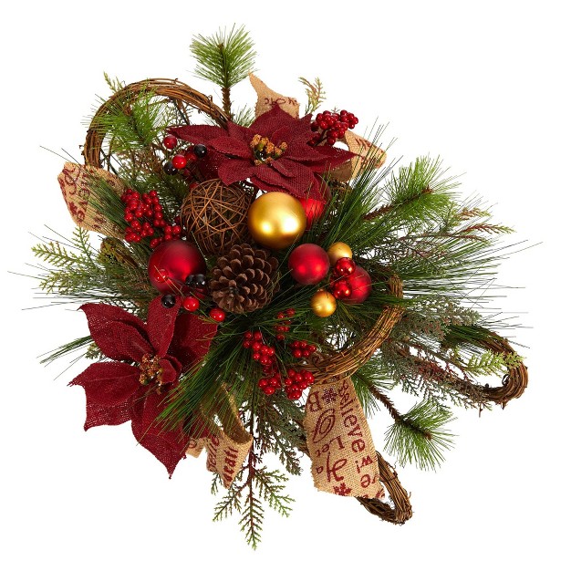 Nearly Natural 18-in Christmas Sleigh With Poinsettia， Berries And Pinecone Artificial Arrangement With Ornaments