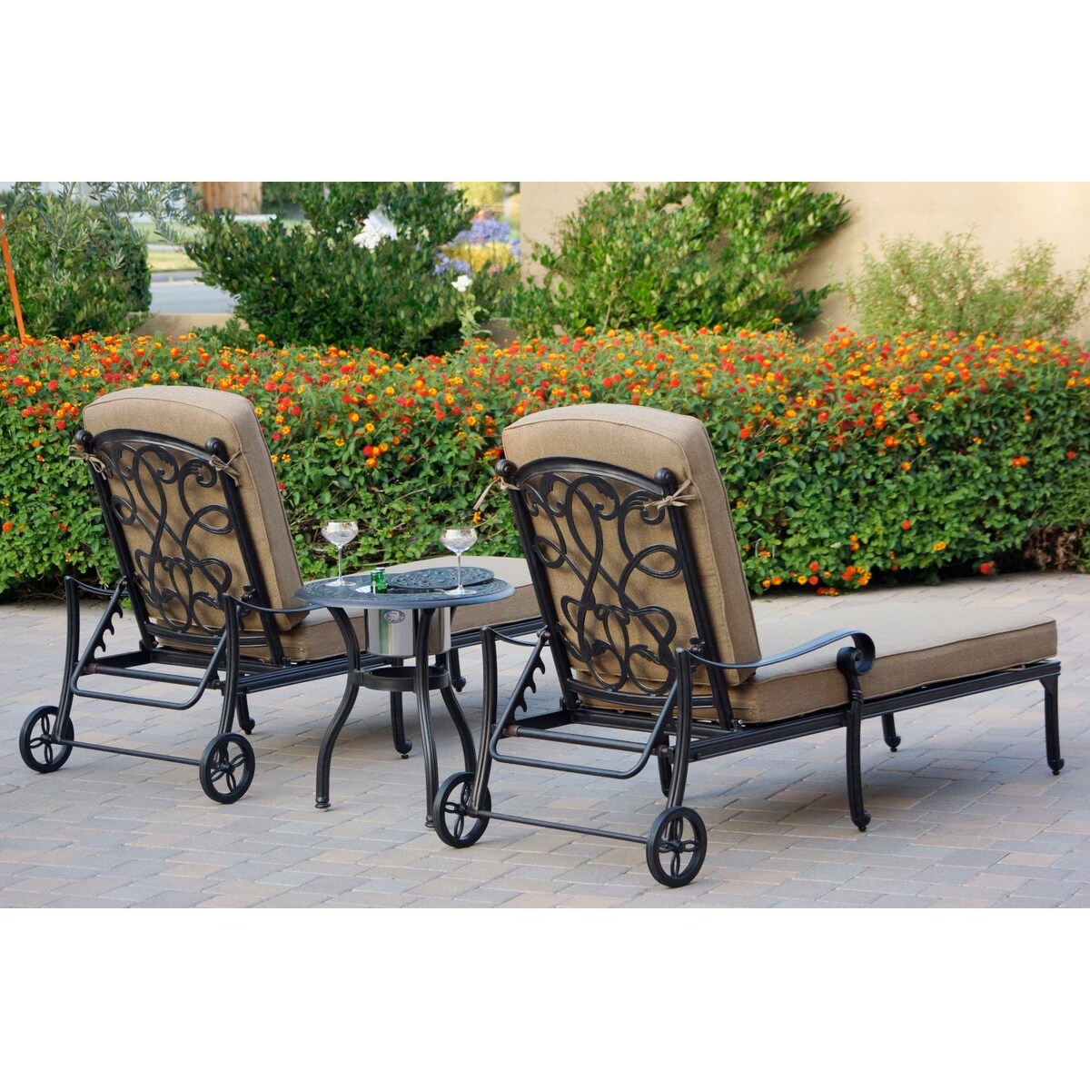 Darlee Santa Monica 3 Piece Cast Aluminum Chaise Lounge Set W/ Ice Bucket Insert and Sesame Cushions