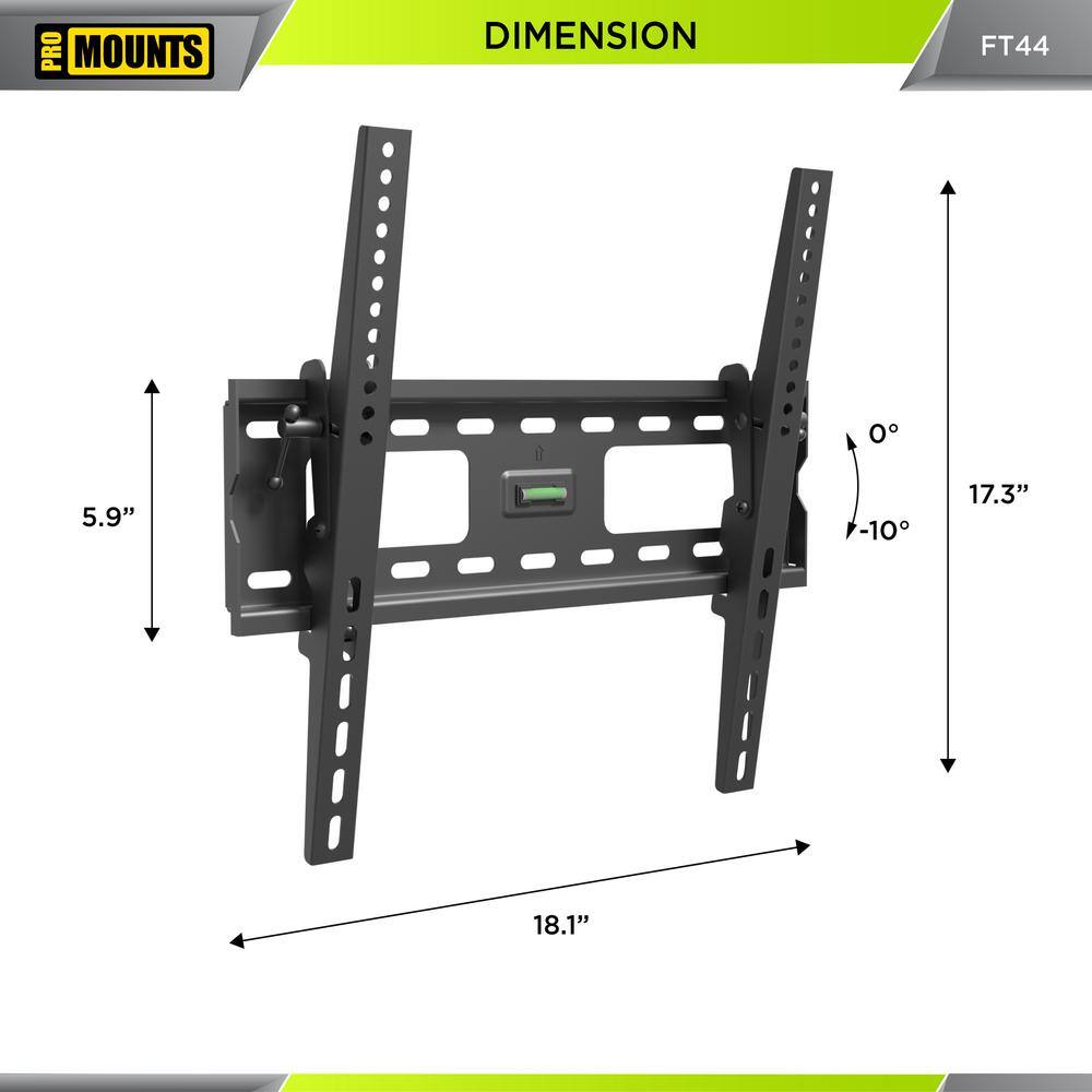 ProMounts Medium Tilt TV Wall Mount for 32- 60 in. 165lbs. VESA 200x200 to 400x400 Built-in Level and Locking brackets FT44