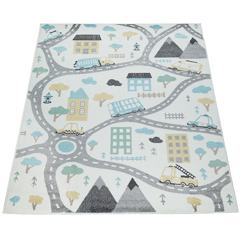 Nursery Rug with Streets Cars and Trees Motif in Pastel Colors