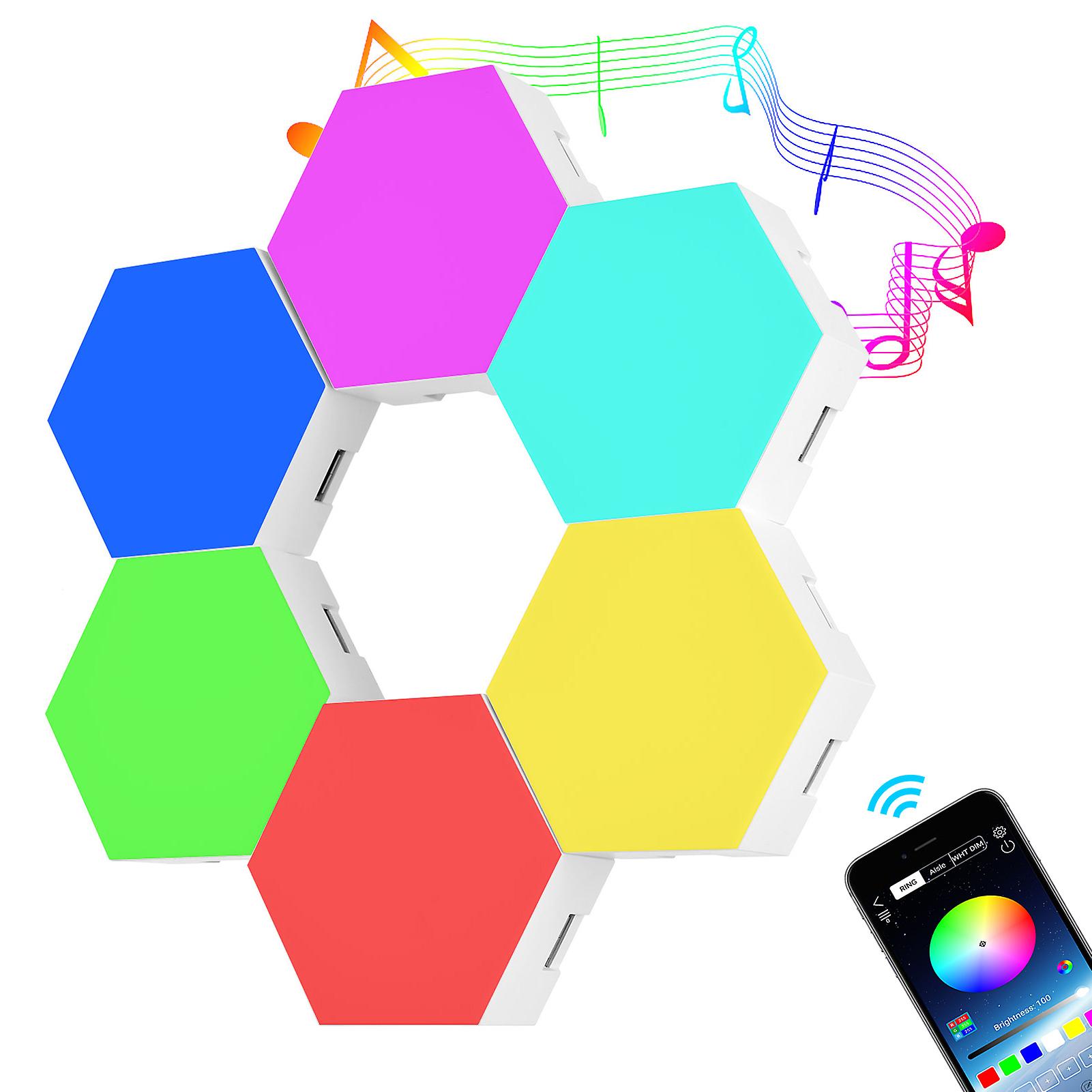 White 6pcs 6pcs Smart Led Sound Control Rgb Hexagon Wall Light With Colorful Light Effect App Control Sticky Pads For Bedroom Living Room Gaming