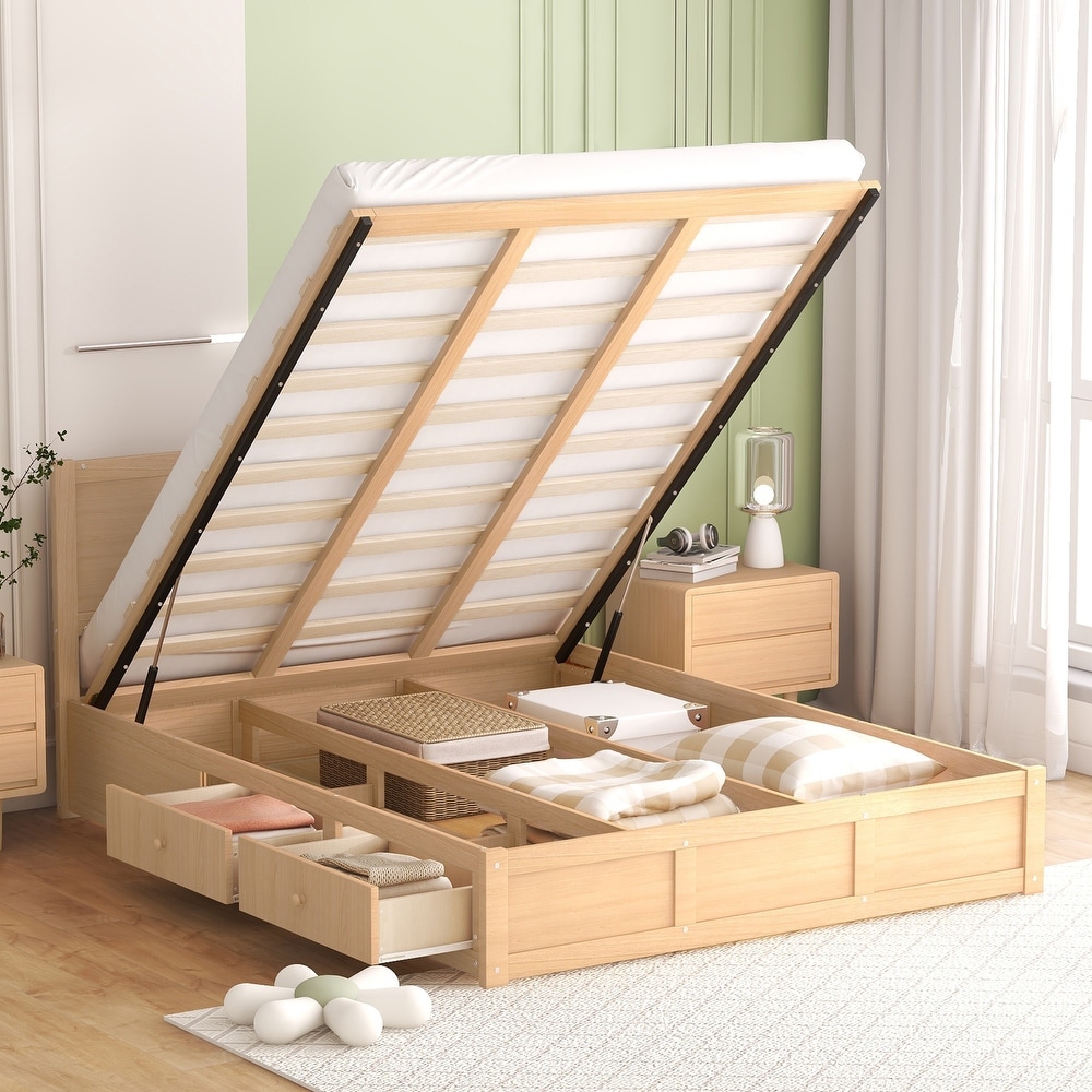 Lift Up Platform Bed with 2 Drawers for Bedroom  Wooden Storage Bed Frame with Storage Underneath  No Box Spring Needed