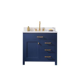 SUDIO Jasper 36 in. W x 22 in. D Bath Vanity in Navy Blue with Engineered Stone Vanity in Carrara White with White Basin Jasper-36NB