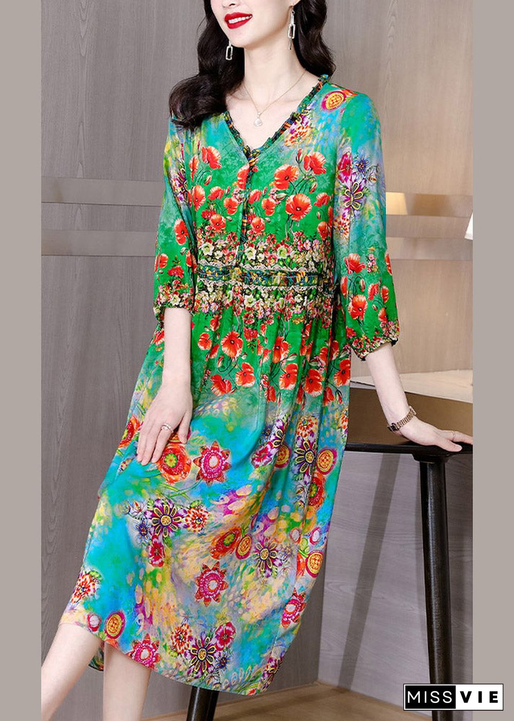 Loose V Neck Print Wrinkled Silk Long Dresses Half Sleeve