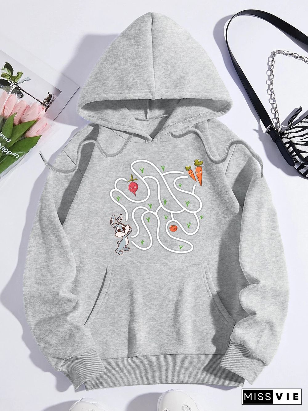 Printed on front Kangaroo Pocket Hoodie Long Sleeve for Women Pattern Rabbit