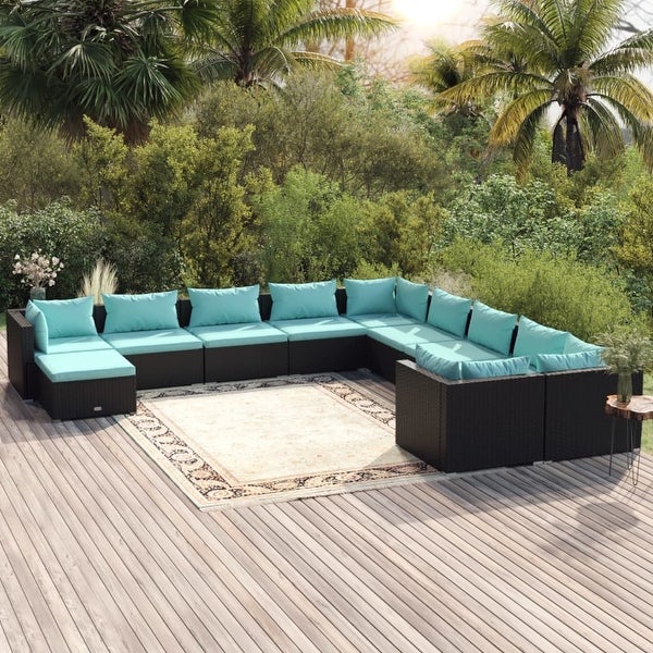 11 Piece Patio Lounge Set with Cushions Poly Rattan Black - Overstock - 36365448