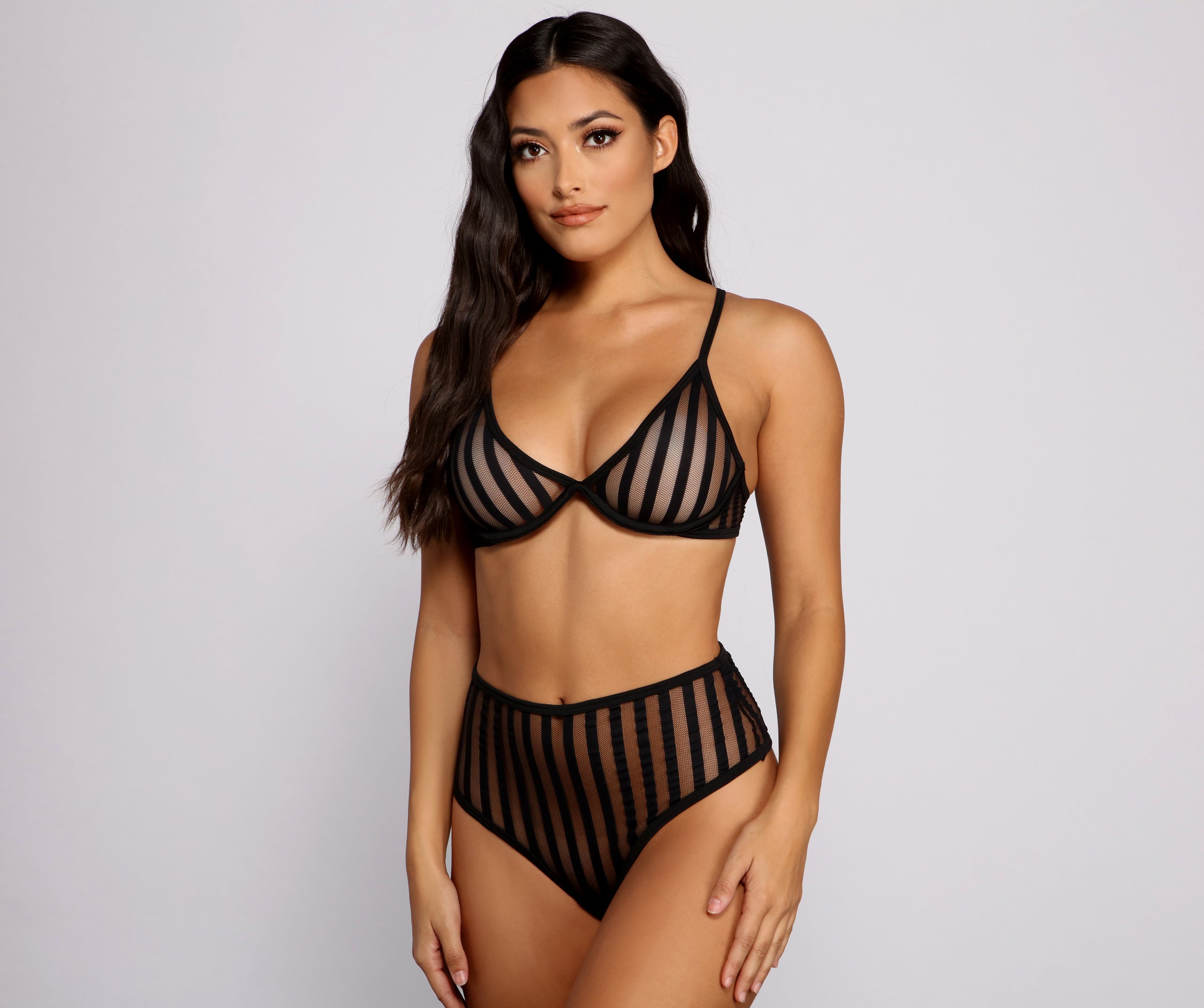 Striped and Sultry Mesh Bra and Panty Set