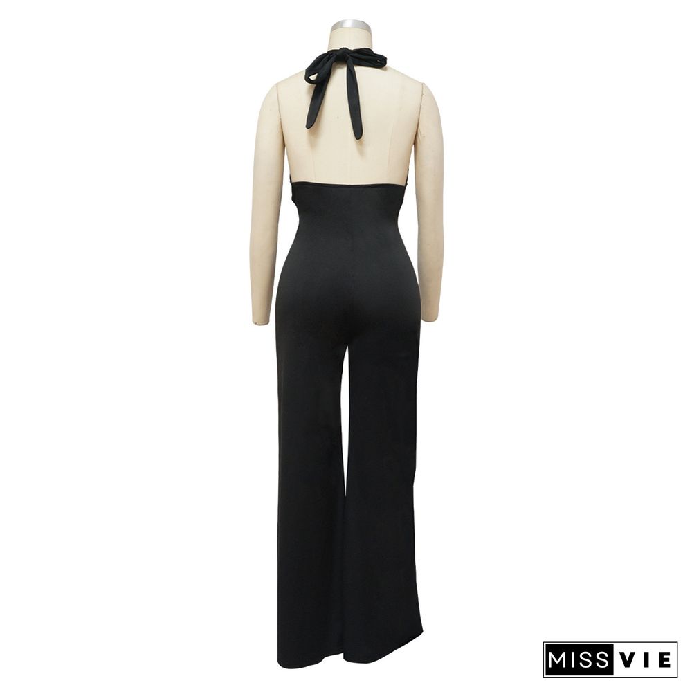 Cut Out Halter Neck Backless Wed Leg Jumpsuit