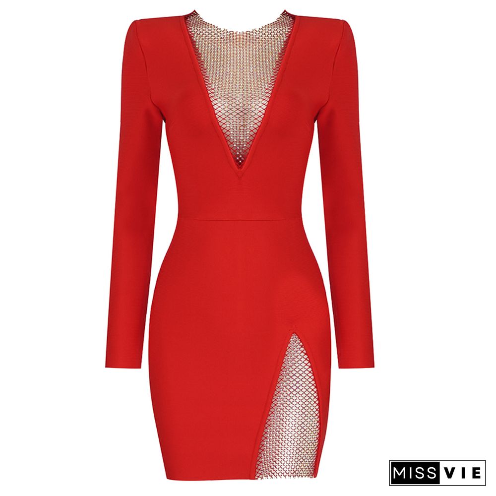 New Summer New Women's Sexy V-neck Mesh Diamond Long Sleeve Bodycon Bandage Dress Fashion Celebrity Party DressVestido