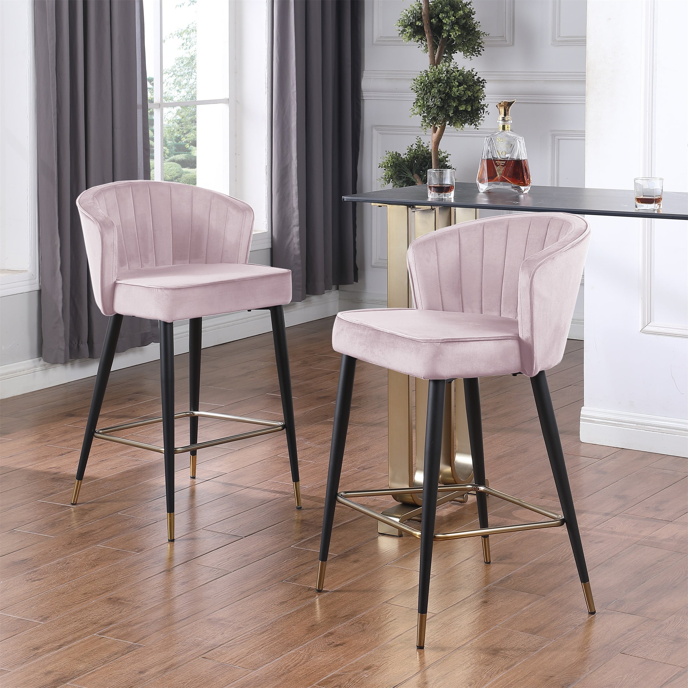 Velvet Upholstered Bar Stool Tufting Tipped Black Metal Leg (Set of 2)