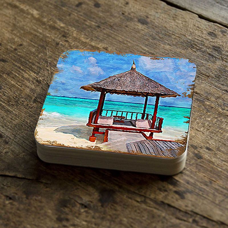 Beach Cabana Coastal Wooden Cork Coasters Gift Set of 4 by Nature Wonders