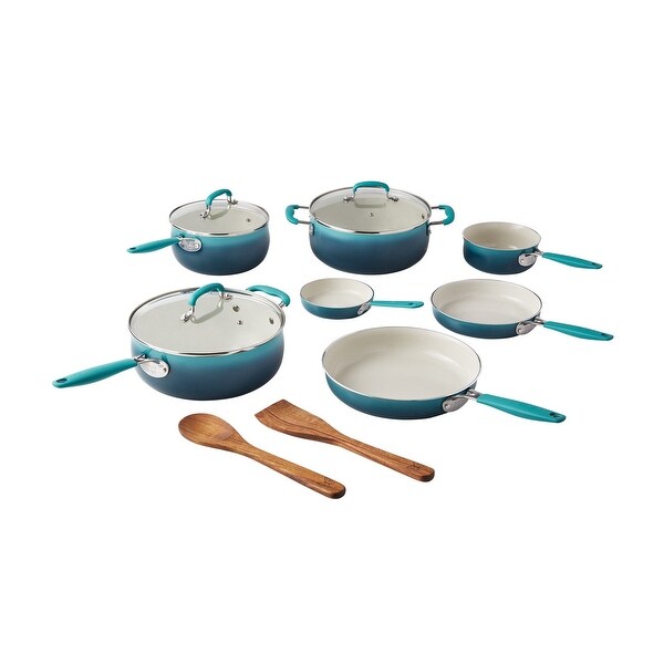 12-Pieces Porcelain Enamel Classic Ceramic Cookware Set， Ombre Teal