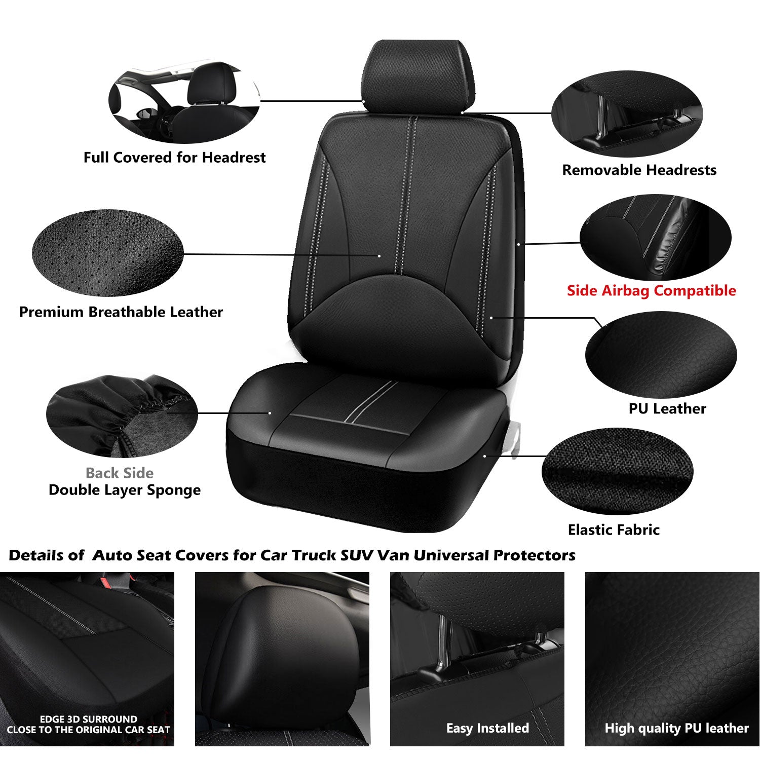 Oture Auto Car Seat Cover PU Leather Protector Front Rear Bench Seat Covers for Cars Trucks SUV