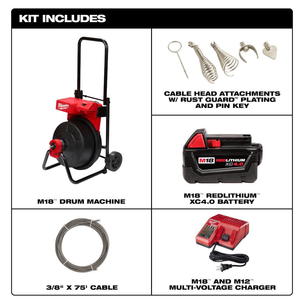 Milwaukee M18 Drum Machine for 3/8-1/2 Cable 2817A-21 from Milwaukee