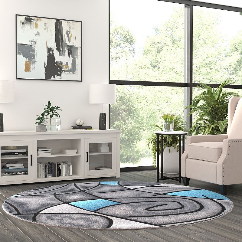 Masada Rugs Masada Rugs Trendz Collection 7'x7' Round Modern Contemporary Round Area Rug in Blue， Gray and Black