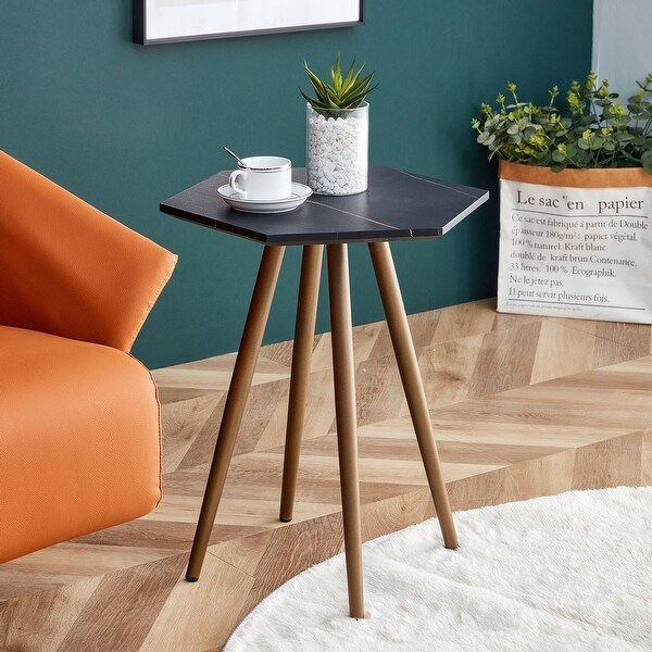 Modern Minimalism Faux Marble Side Table with Dark Gold Metal Legs