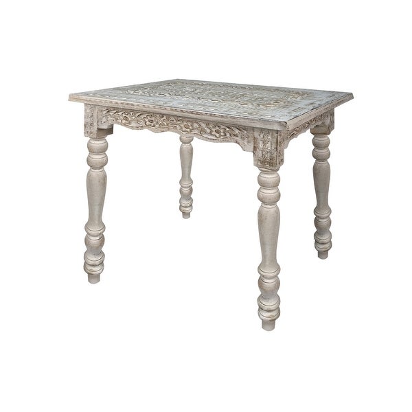 Wooden Side Table with Carved Rectangular Top and Turned Legs， Antique White