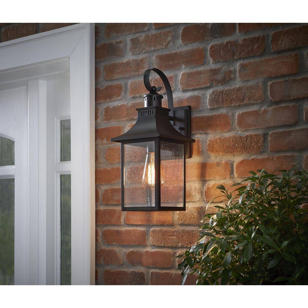 Hampton Bay Edgehill 1-Light Matte Black Hardwired Outdoor Wall Lantern Sconce with Clear Seeded Glass DSHD1604D