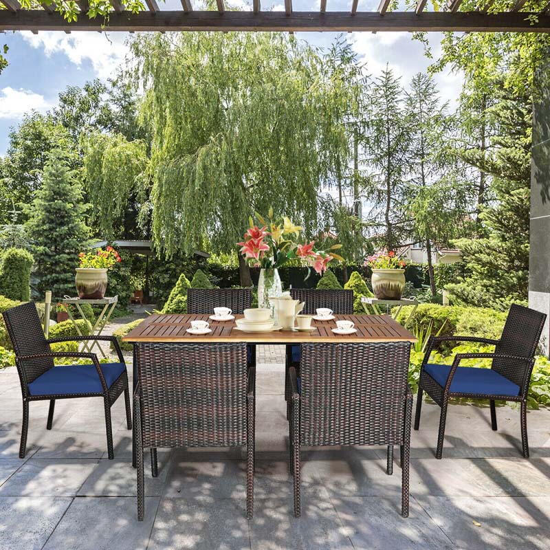 7 Pcs Rattan Patio Dining Set with Umbrella Hole, Acacia Wood Tabletop, Cushioned Chairs