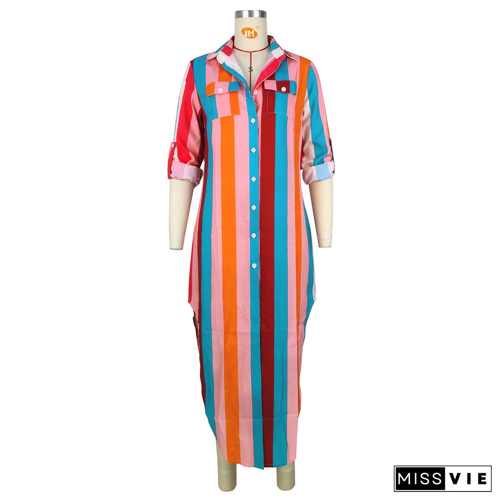 Multicolor Print Striped Button Pocket Dress