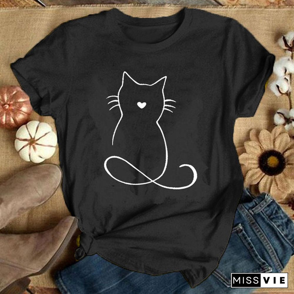 Women Graphic Cat Lovely Animal Fashion Short Sleeve Spring Summer Cartoon Print Female Clothes Tops Tees Tshirt T-Shirt