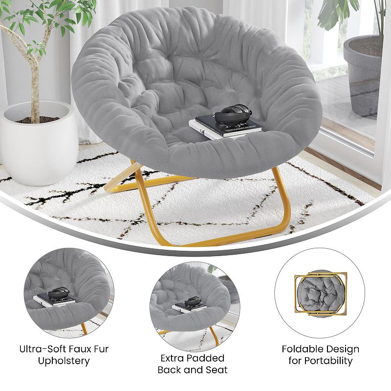 Emma and Oliver Ersa 38 Oversize Folding Saucer Chair with Cozy Faux Fur Upholstery in Gray with Soft Gold Metal Frame for Dorms， Bedrooms， Apartments and More