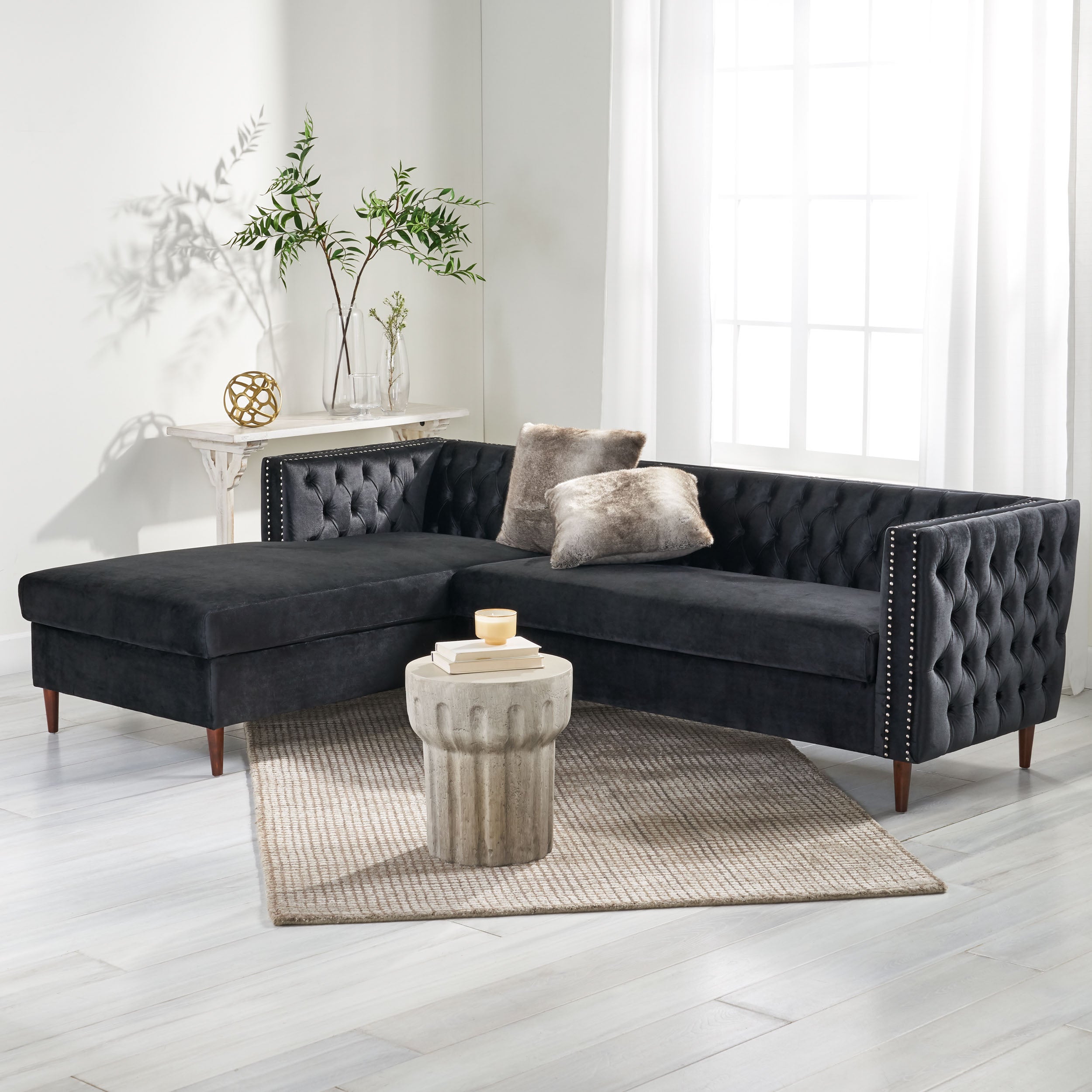 Jephthah Contemporary Tufted Velvet Sectional Sofa with Storage Chaise Lounge