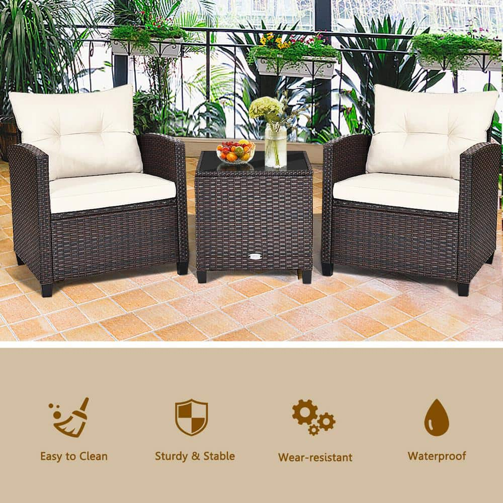 Gymax 3-Piece Wicker Outdoor Patio Conversation Set Garden Yard with Off White Cushions GYM07606