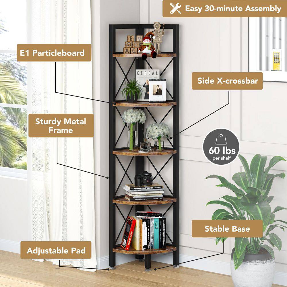 TRIBESIGNS WAY TO ORIGIN Halsey 63 in. Rustic Brown Wood and Black Metal Frame 5-Shelf Radial Corner Shelf Bookcase Storage Rack Plant Stand HD-SFC0200