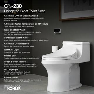 KOHLER C3 230 Electric Bidet Seat for Elongated Toilets in White with Touchscreen Remote Control K-4108-0