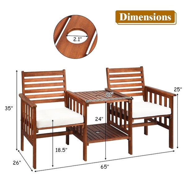 Costway Patio Loveseat Conversation Set Acacia Wood Chair Coffee Table