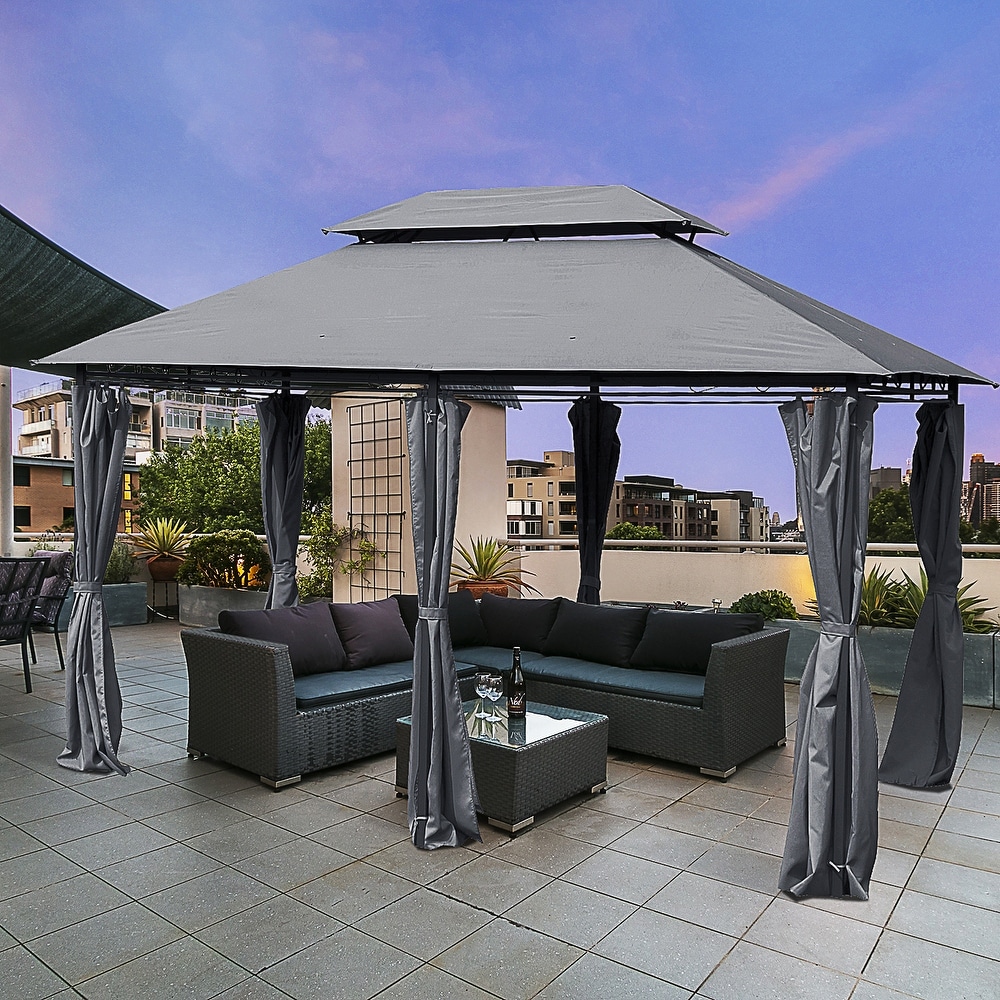 Outsunny 2 tier Grey Outdoor Garden Gazebo with Removable Curtains