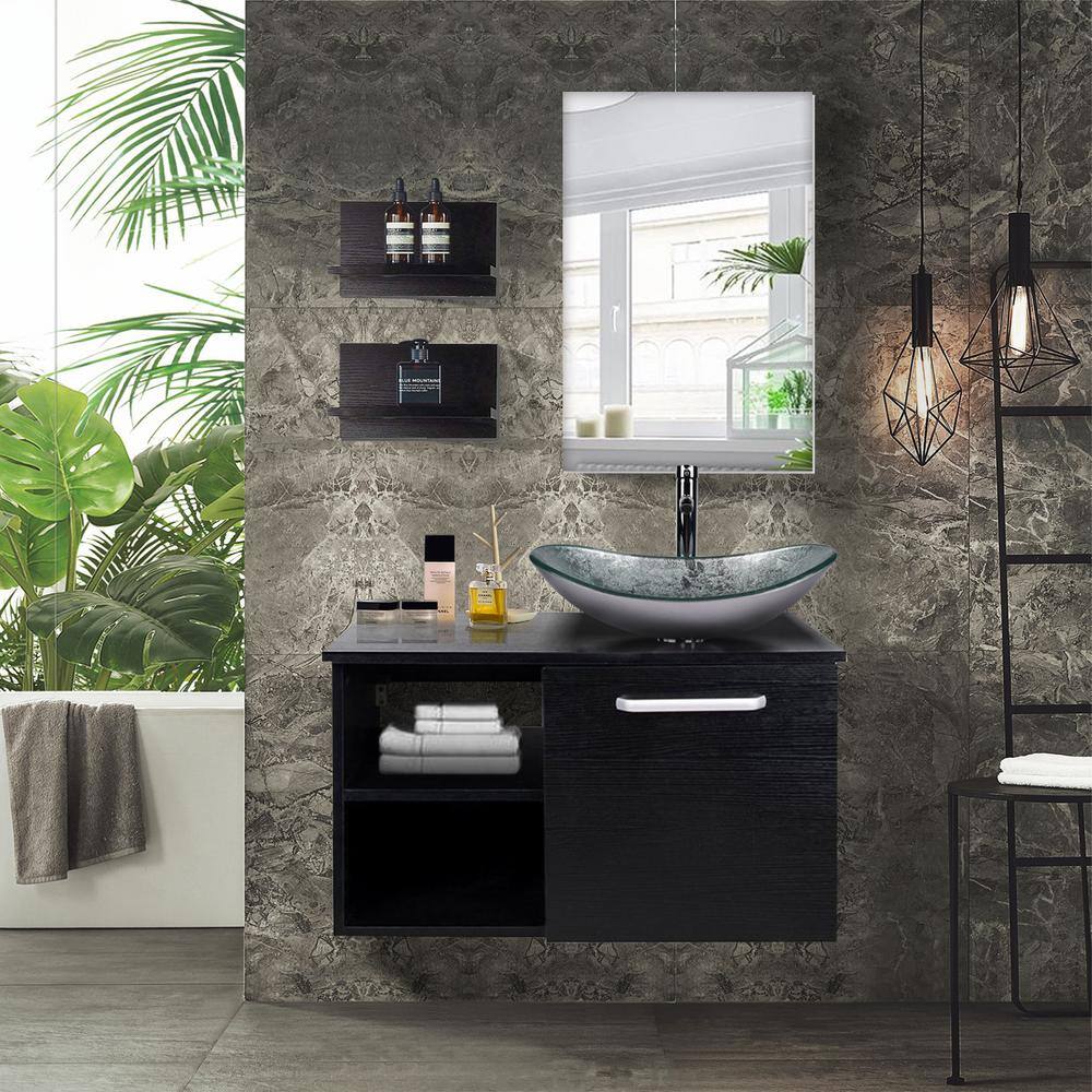 Puluomis 28 in. W x 19 in. D x 28 in. H Single Sink Bath Vanity in Black with Black Solid Surface Top and Mirror USBA20079+USGB0005-SI