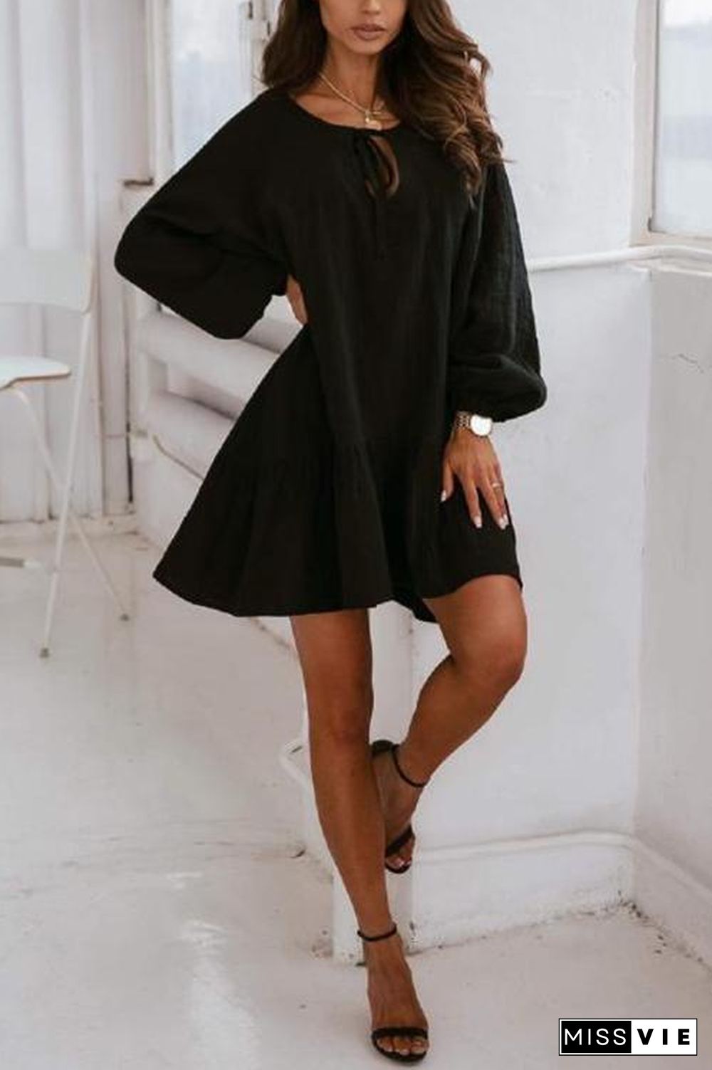 Linen Lace Up Puff Sleeve Mini Dress