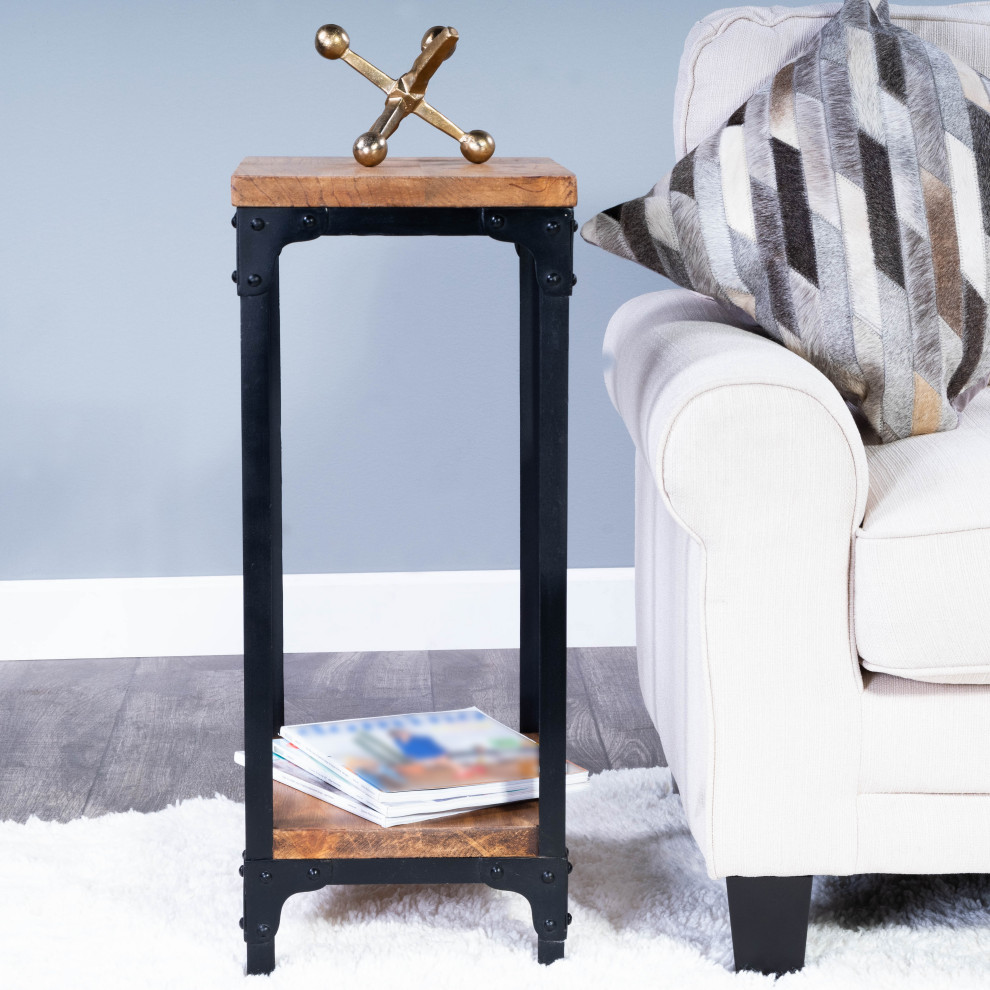 Grimsley Transitional Rectangular Wood  ampIron Pedestal Stand   Brown   Industrial   Plant Stands And Telephone Tables  Houzz