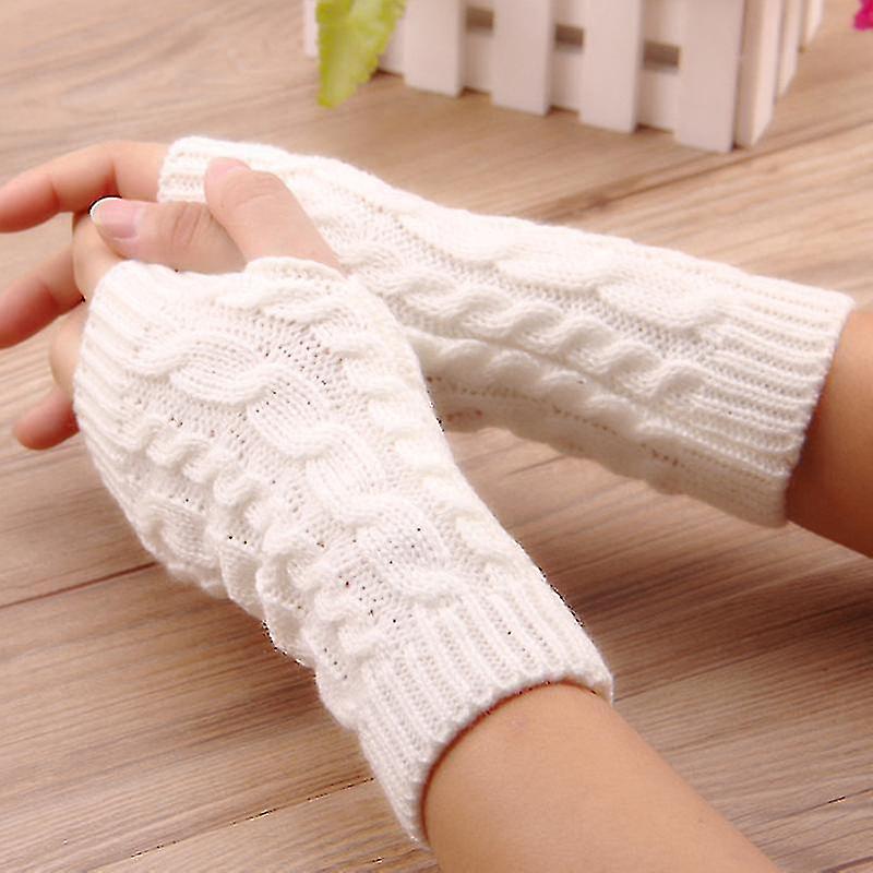 Womens Wrist Warmers Thick Knit Fingerless Gloves Winter Mitten-color2 White