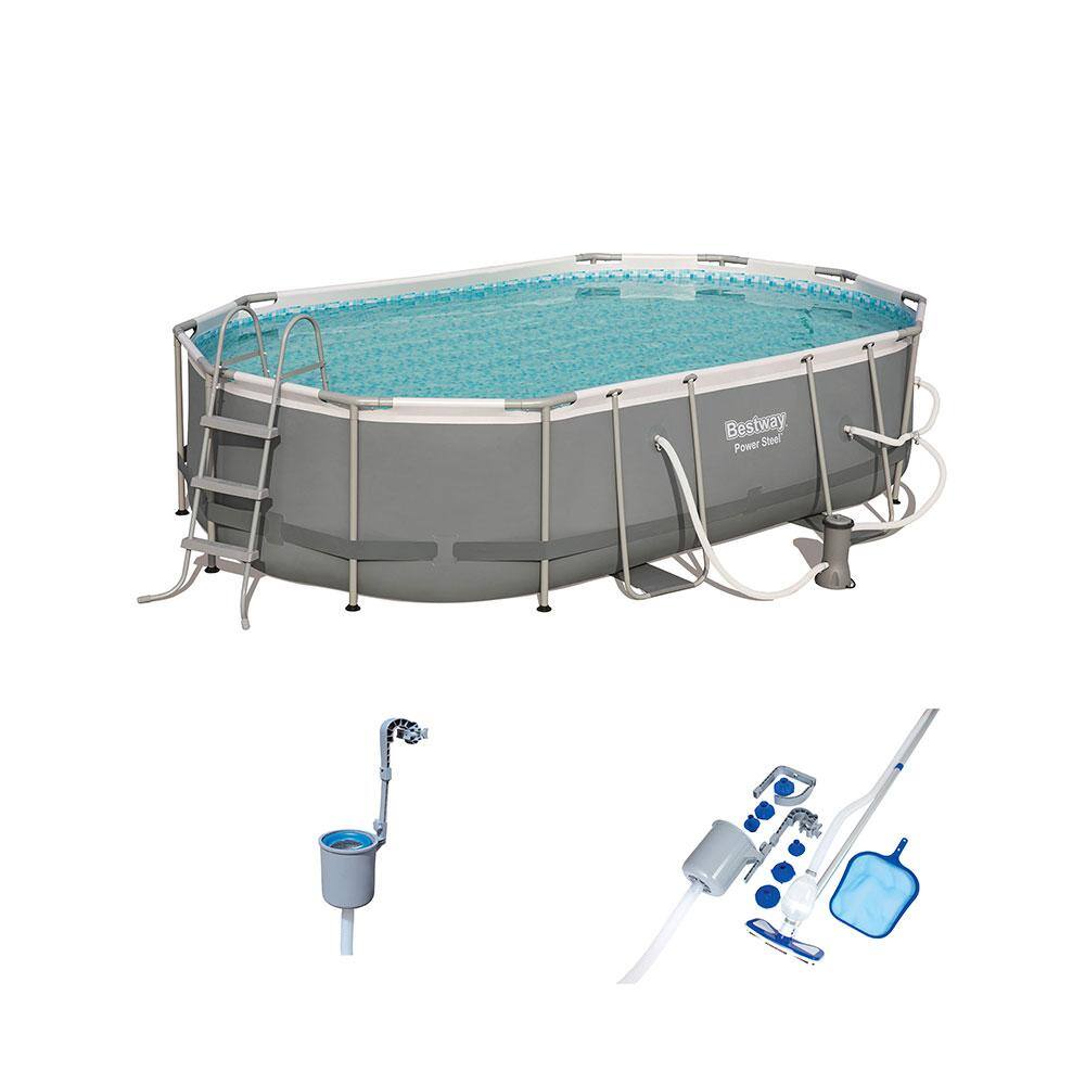 Bestway Steel Metal Above Ground Pool Set with Maintenance Kit and Surface Skimmer 56655E-BW + 58237E-BW + 58233E-BW