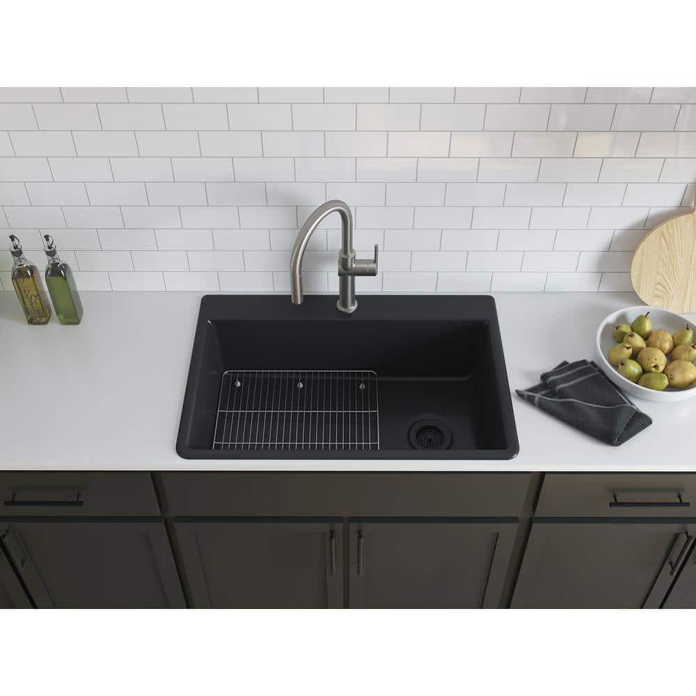 KOHLER K-8437-1-CM1 Kennon Dual Mount Neoroc Granite Composite 33 in. 1-Hole Single Bowl Kitchen Sink in Matte Black with Basin Rack