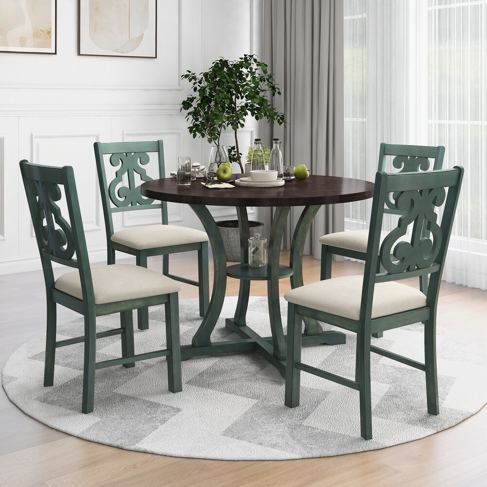 5 Piece Solid Wood Dining Table Set with Round Dining Table w/Storage Shelf and Upholstered Dining Chairs for Living Room