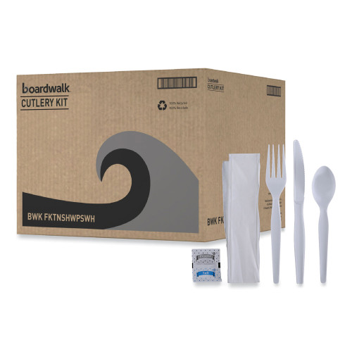 Boardwalk Six-Piece Cutlery Kit， Condiment/Fork/Knife/Napkin/Spoon， Heavyweight， White， 250/Carton (FKTNSHWPSWH)