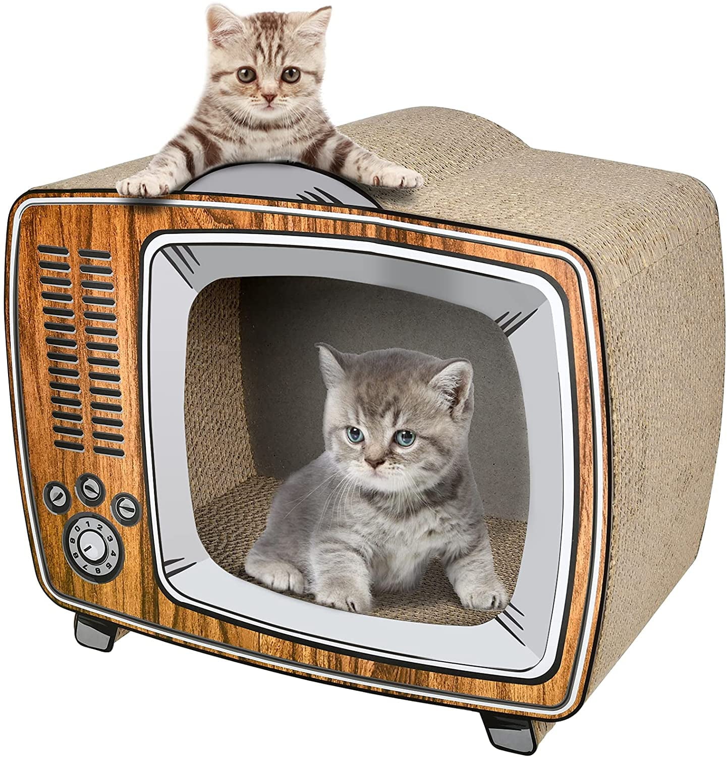 ScratchMe TV Cat Scratcher Cardboard Lounge Bed， Cat Scratching Board， Durable Board Pads Prevents Furniture Damage， Wood