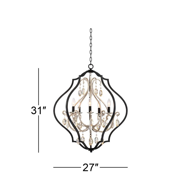 Wide Industrial Ornate Cage Amber Crystal 5 light Fixture For Dining Room Kitchen Island