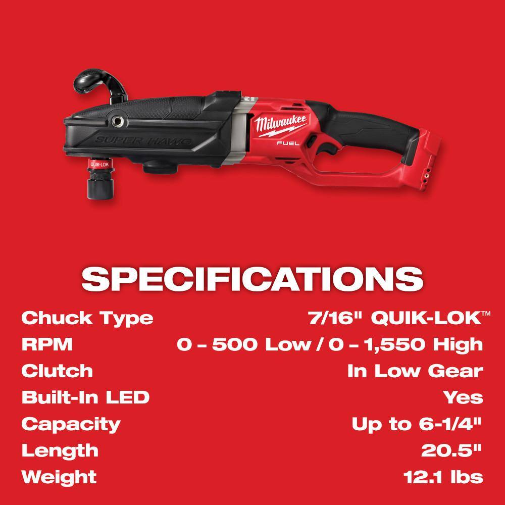 MW M18 FUEL 18V Lithium-Ion Brushless Cordless GEN 2 SUPER HAWG 716 in. Right Angle Drill w6.0 ah Battery 2811-20-48-11-1865