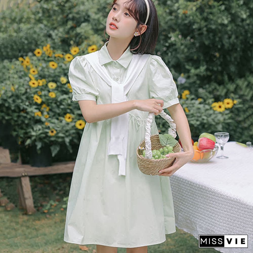 Loose Puff Sleeve A-line Lapel T-Shirt Dress