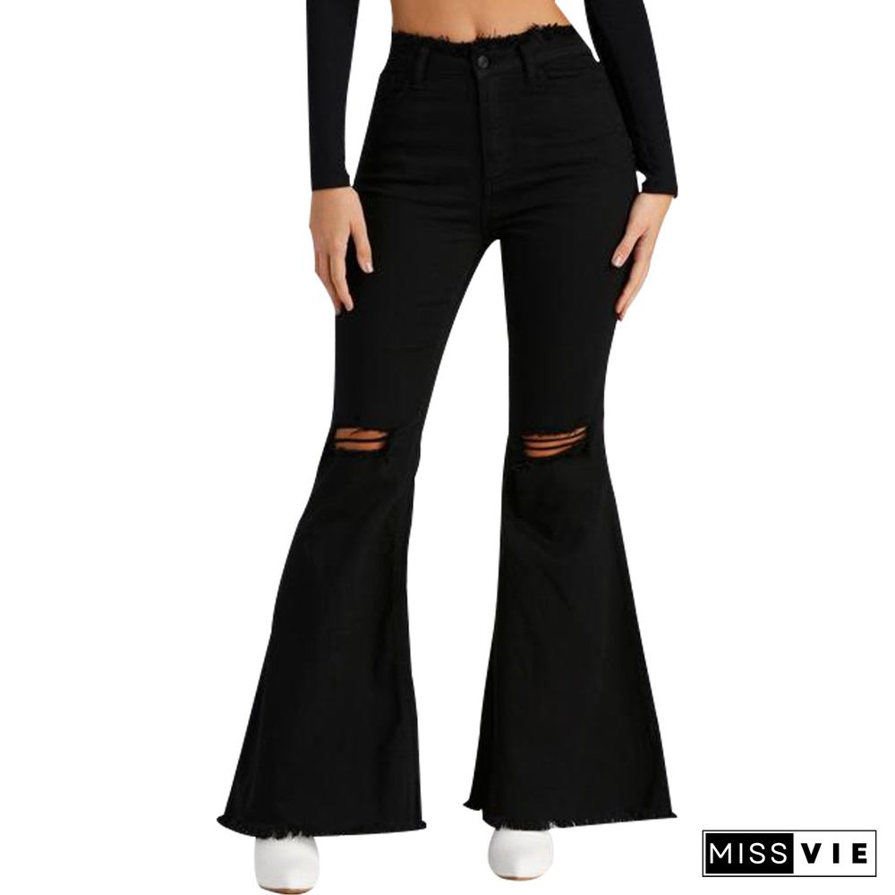 Plus Size Ripped High Waist Flare Denim Pants