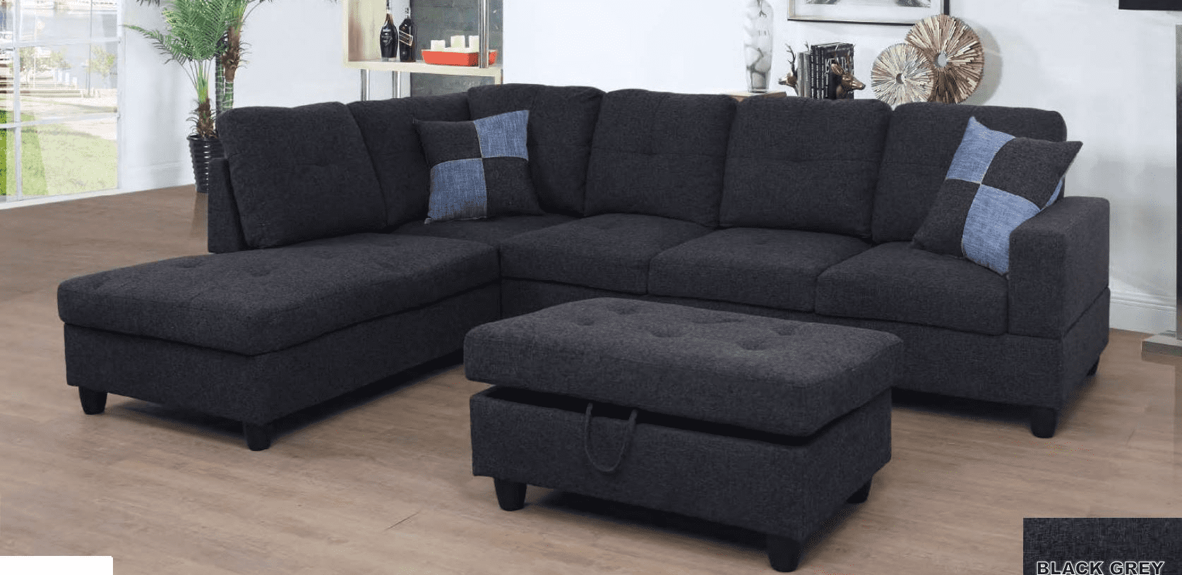 ULT Dark Gray Linen Sectional Sofa, Left Facing Chaise, 74.5