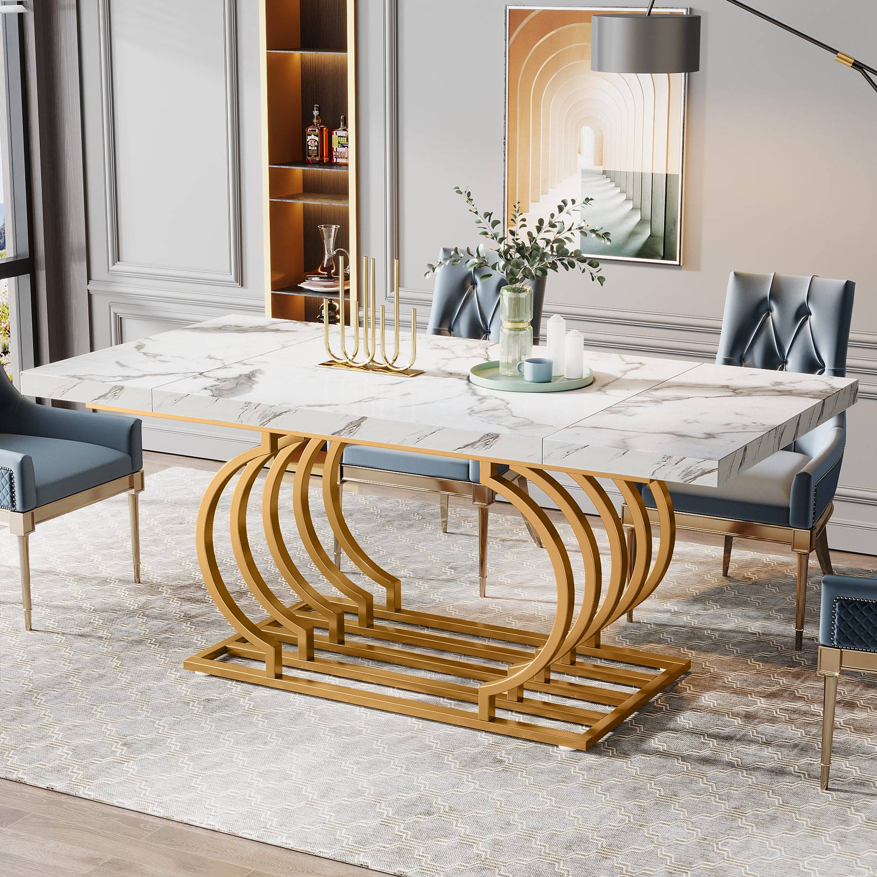 Faux Marble Dining Table, Wood Kitchen Table with Geometric Frame