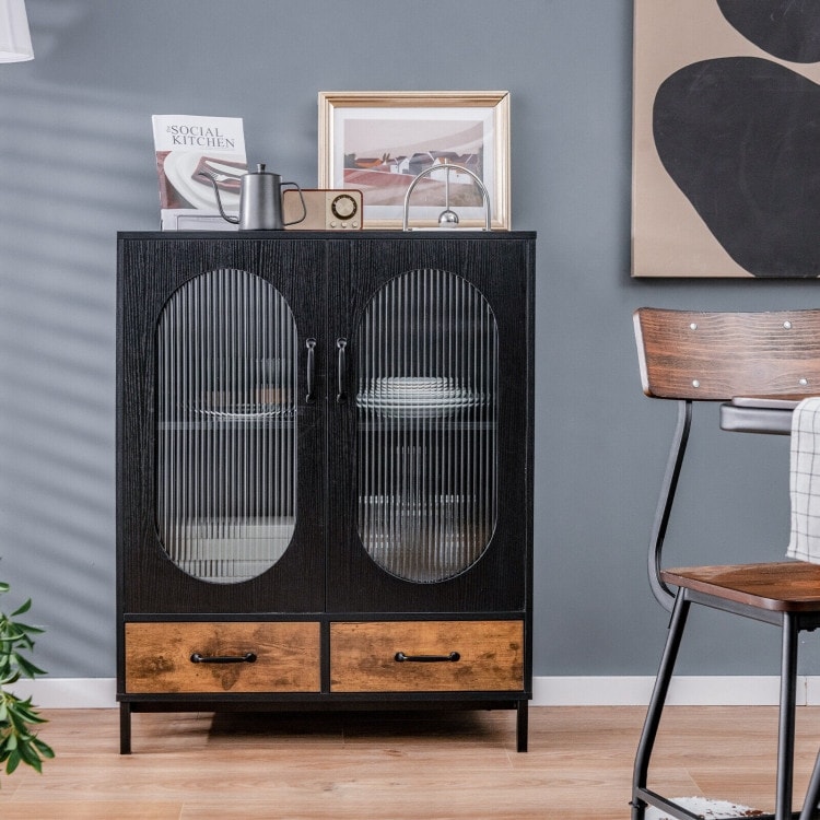 Kitchen Industrial Buffet Sideboard with Tempered Glass Doors Black   Black   31.5\