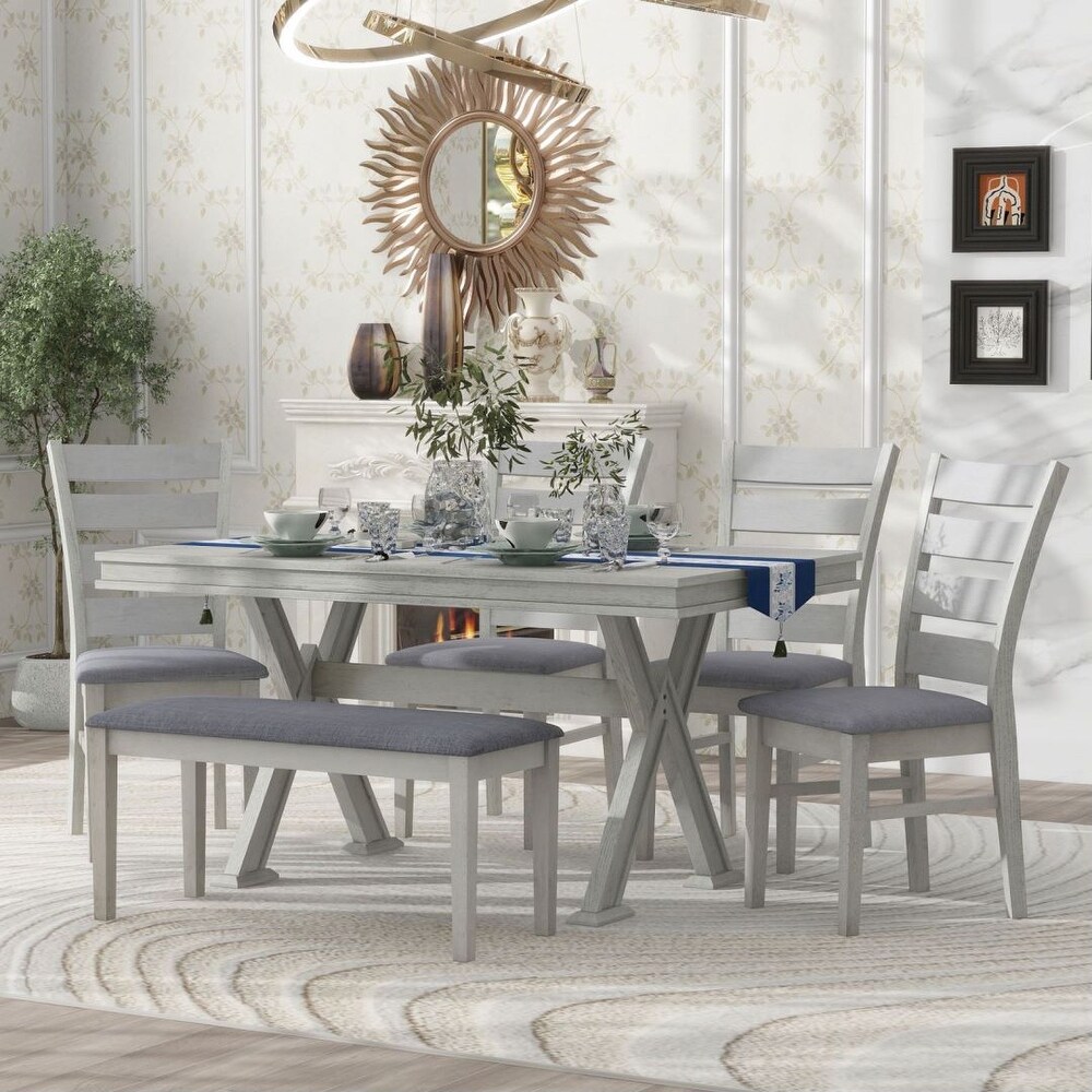 6 Piece Dining Table Set with Unique Legs and 4 Upholstered Chairs   1 Bench